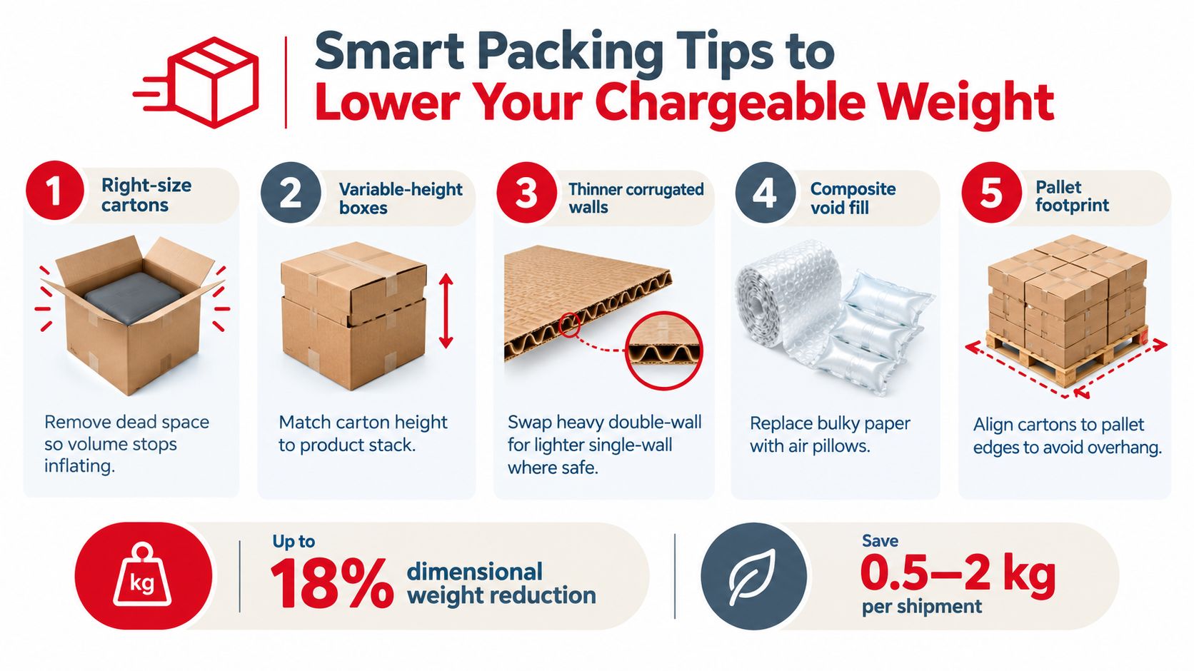 An infographic showing five smart packing tips to lower shipping chargeable weight and reduce dimensions.