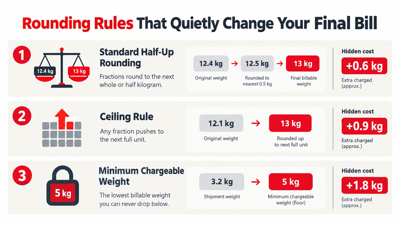 An infographic illustrating three common rounding rules used by shipping companies that increase billable weights.