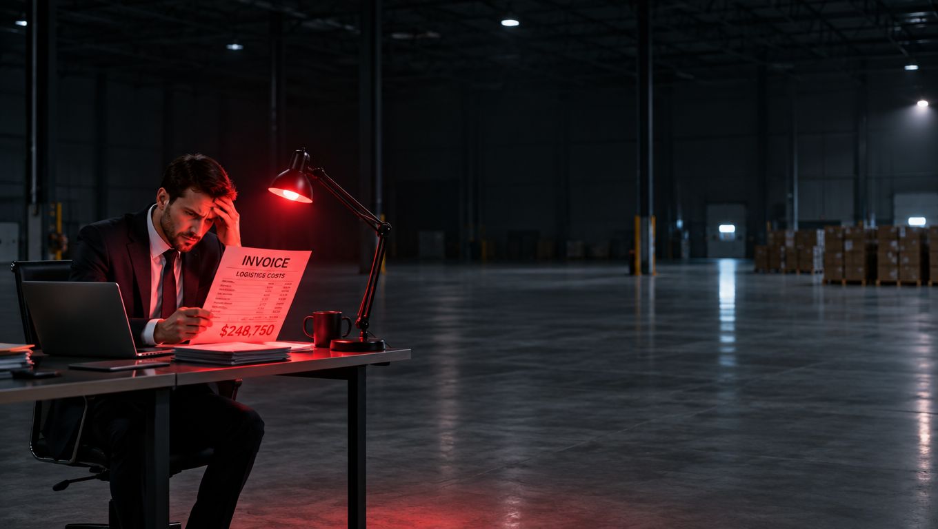 A stressed businessman analyzing high logistics costs on an invoice at a desk in a dark warehouse.