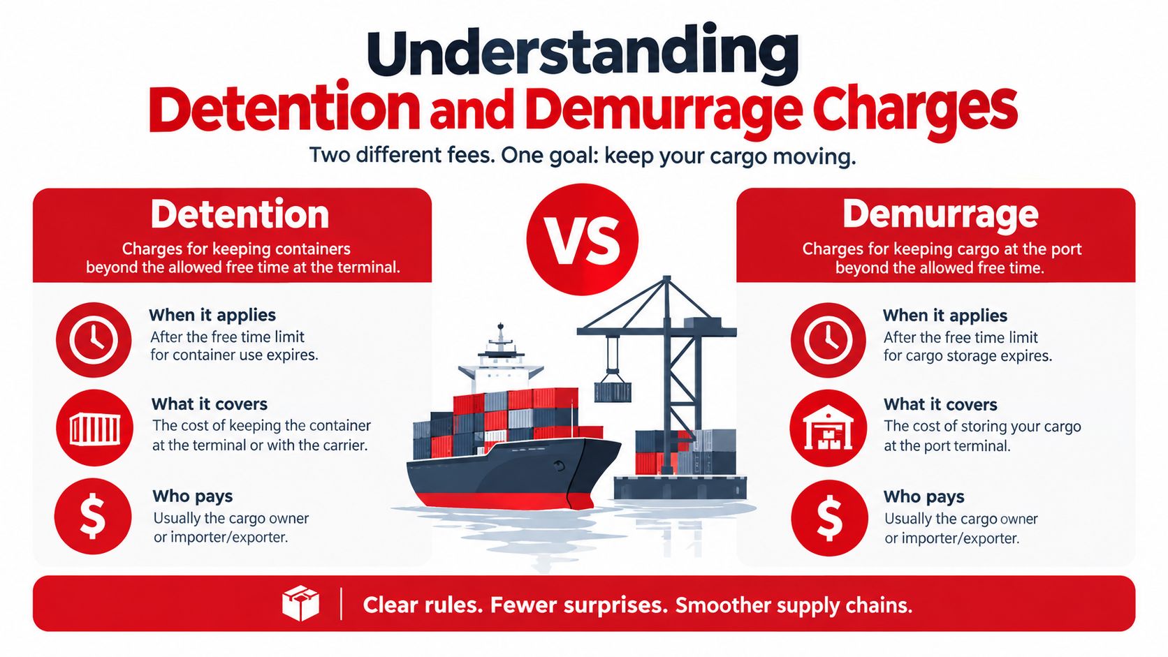 An infographic explaining the differences between shipping detention and demurrage charges for logistics and supply chain management.
