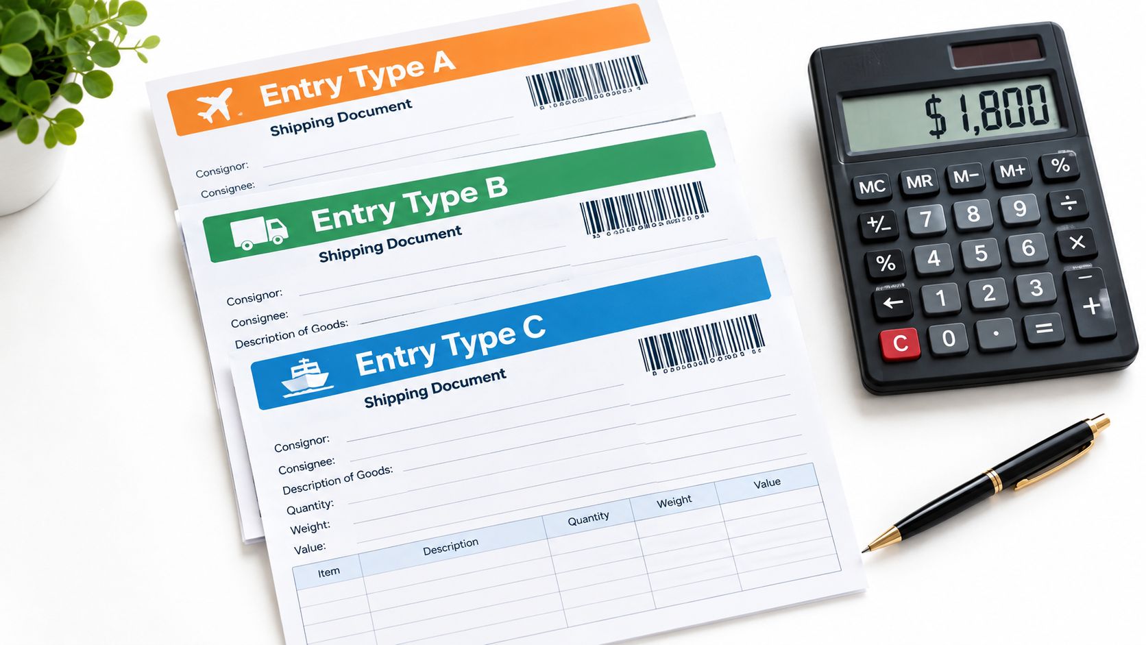 Shipping documents for air, land, and sea transport arranged beside a calculator and a fountain pen.